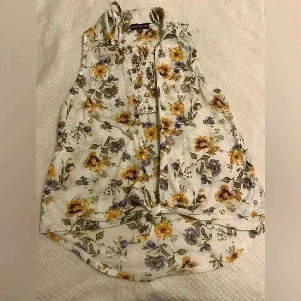 Purple & gold floral tube top & hi-Lo coverup that ties in front. Size medium